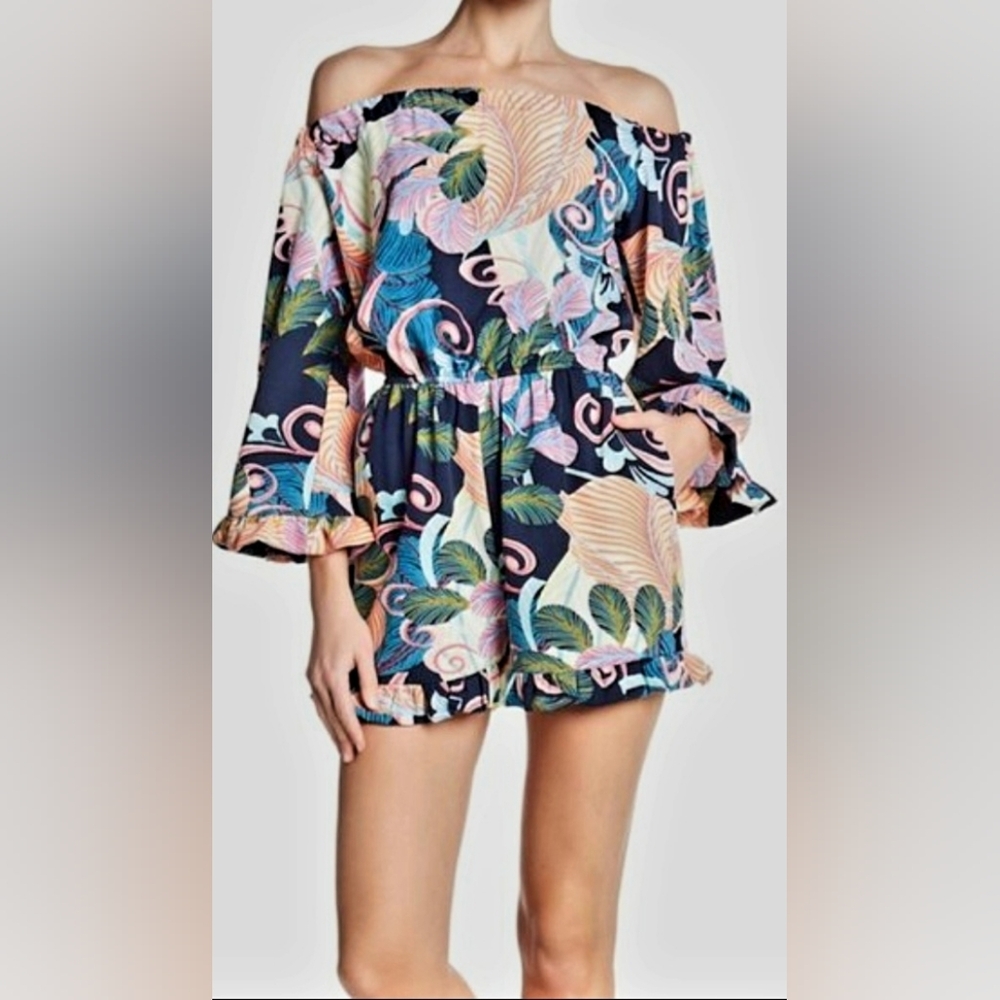 Nicole Miller Off-Shoulder Tropical Print Romper